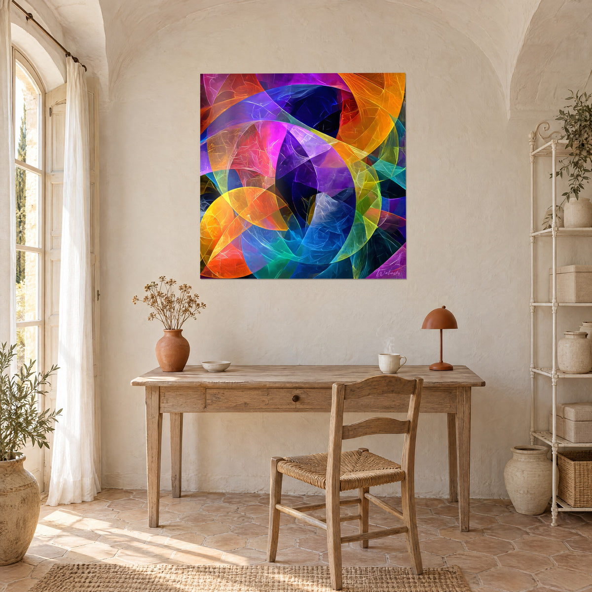 Tableau formes courbes prismatiques magenta, bleu cobalt et jaune citron, mur chaulé au-dessus d'un bureau en bois clair