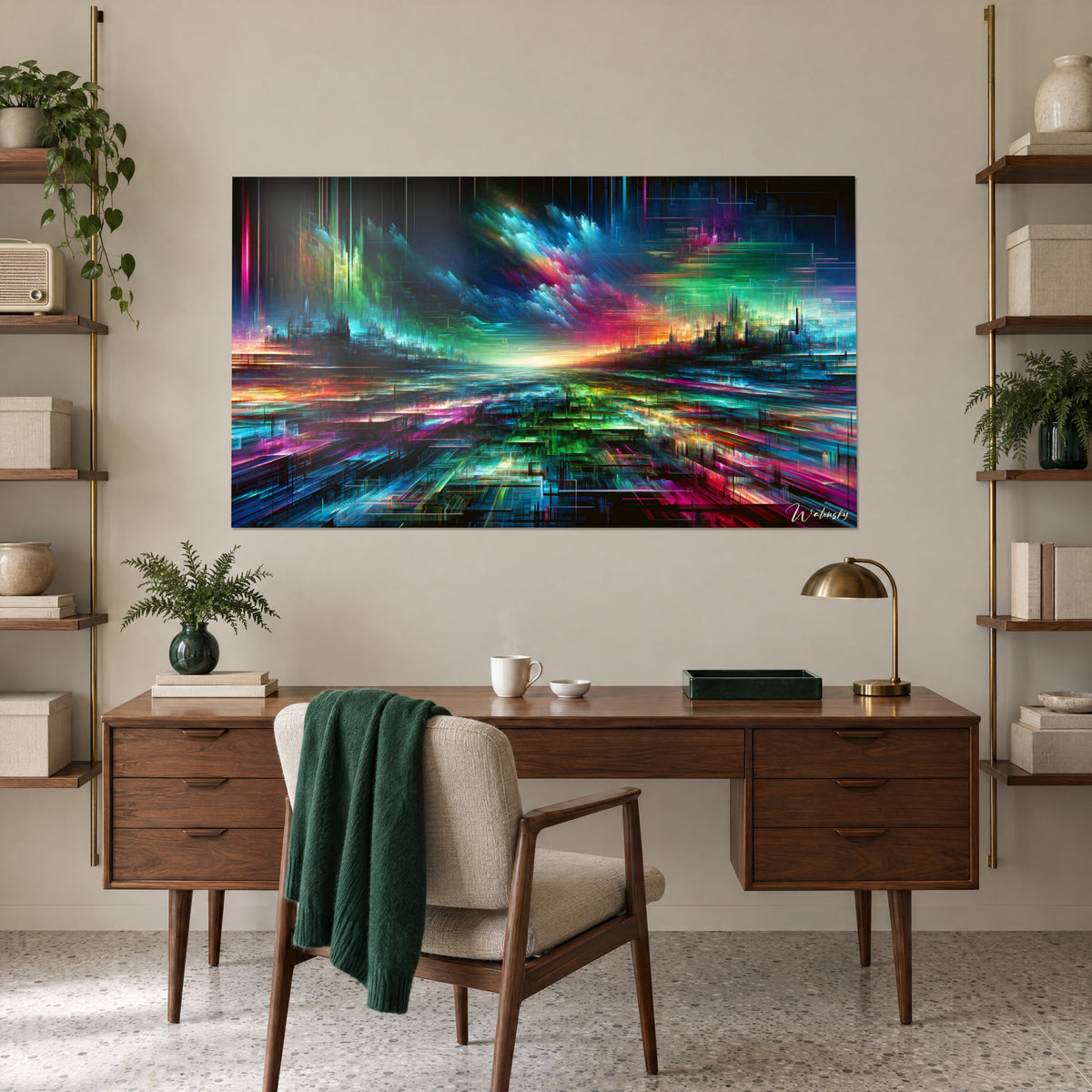 Abstract stadsschilderij met overlappende vlakken, elektrisch blauw, smaragdgroen en paarse vonken, boven een houten bureau