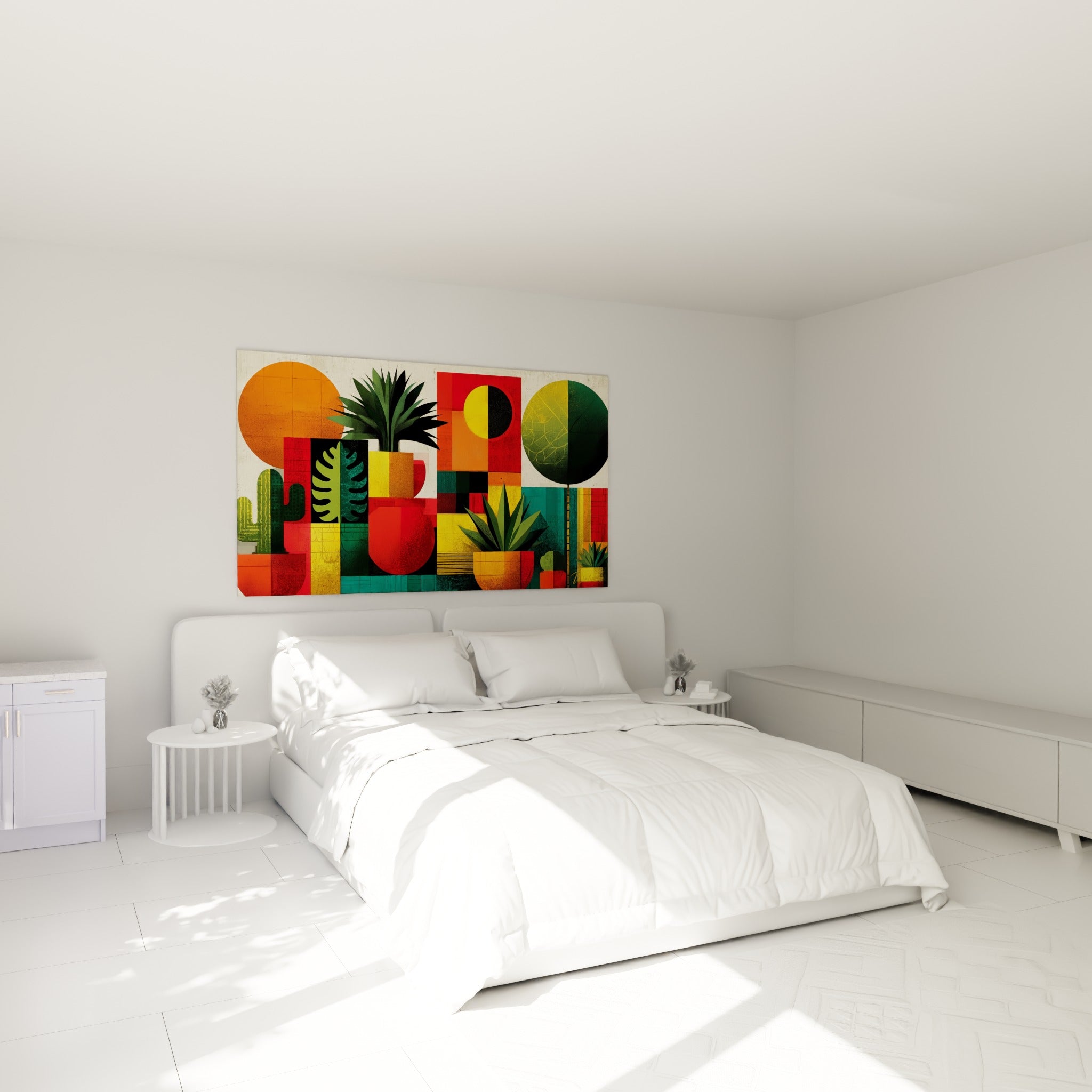 Composition géométrique abstraite de plantes ocre et vertes au-dessus d'un lit dans une chambre claire