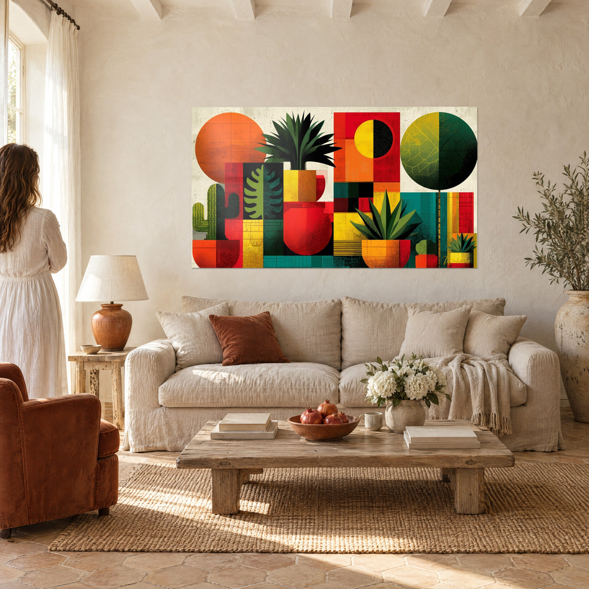 Tableau cactus et agaves en aplats géométriques rouge et ocre, femme de dos, au-dessus d'un canapé dans un salon lumineux