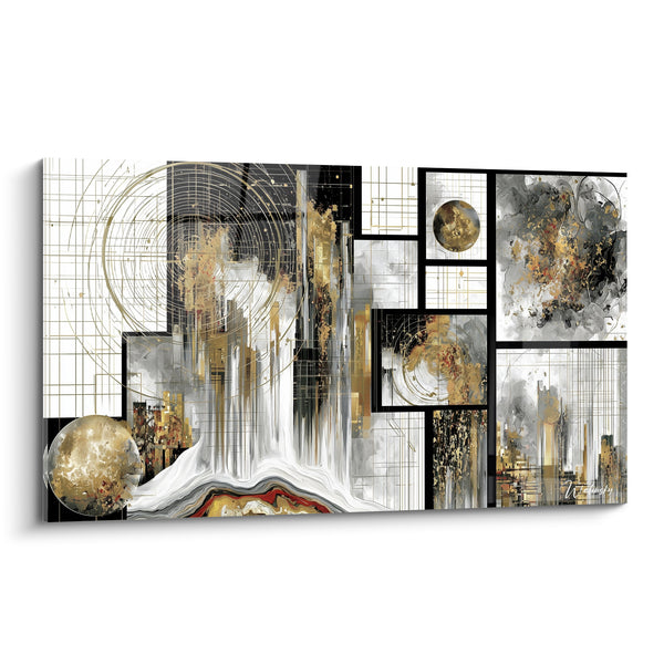 Tableau Collage doré aux cascades marbrées - Fusion précieuse - Edition géometrique abstrait