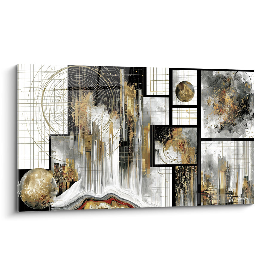 Tableau Collage doré aux cascades marbrées - Fusion précieuse - Edition géometrique abstrait
