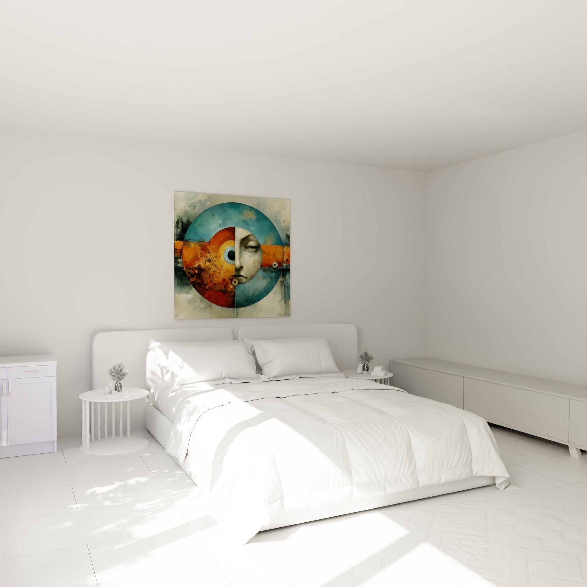 Cercle géométrique abstrait bleu ardoise et ocre accroché au-dessus d'un lit dans une chambre claire