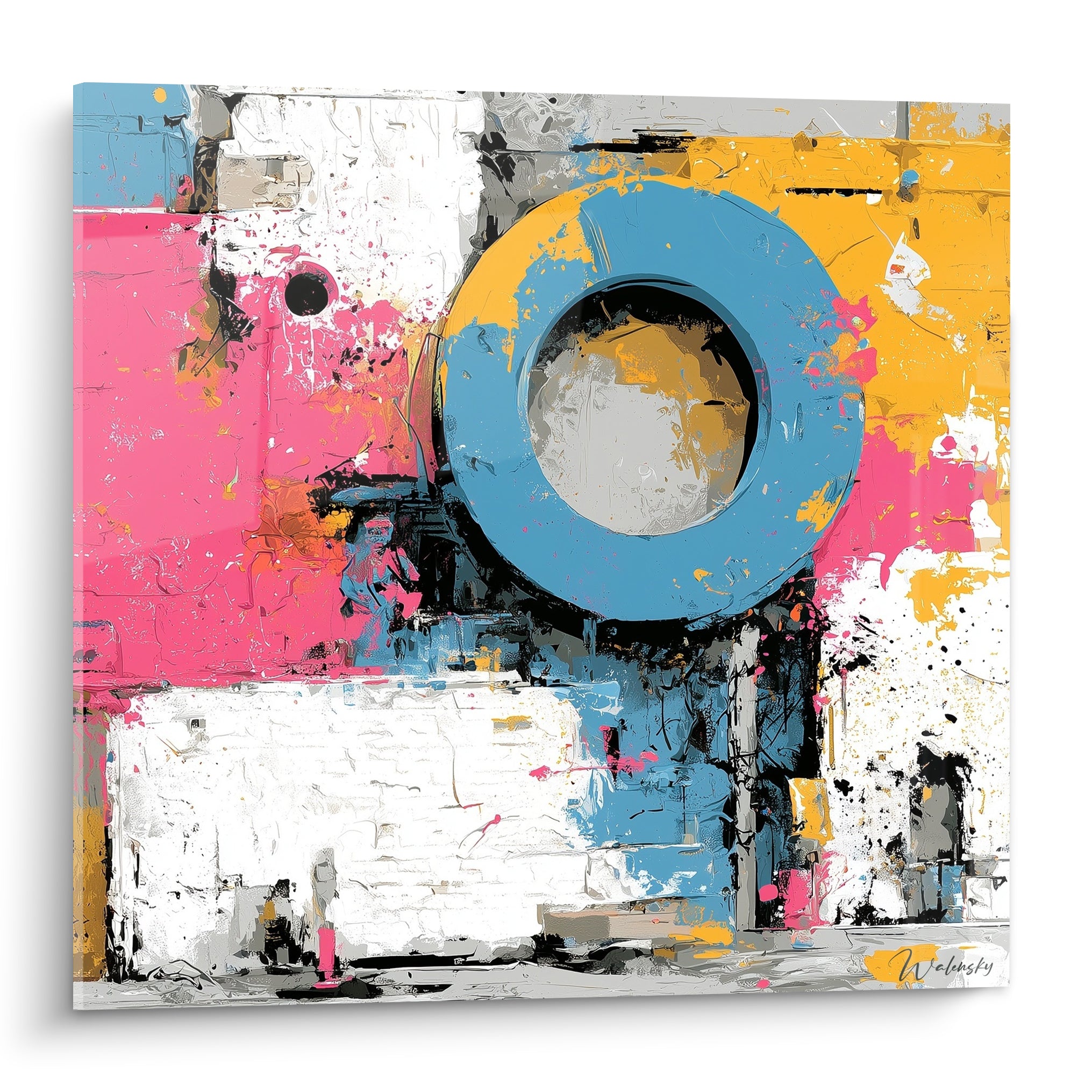 Cercle bleu et jaune ocre sur fond rose fuchsia et blanc, tableau géométrique abstrait texturé