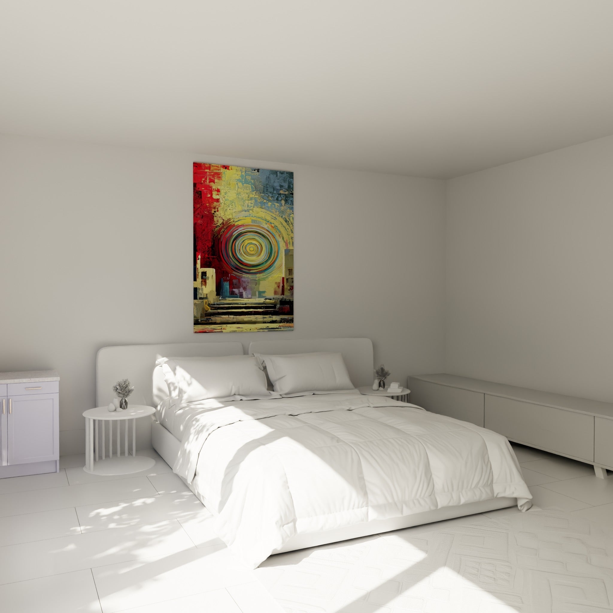 Cercles concentriques rouge et doré d'un tableau géométrique abstrait au-dessus d'un lit dans une chambre claire