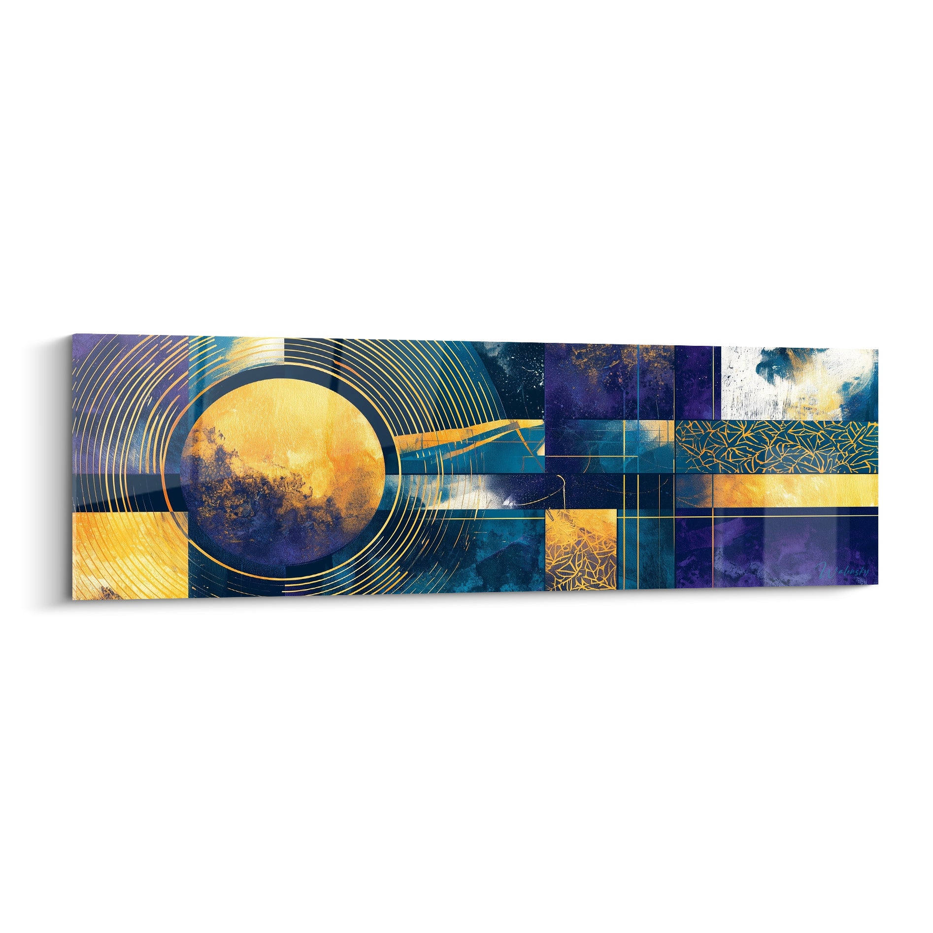 Cercle doré cerné d'anneaux concentriques sur fond bleu marine et violet, tableau géometrique abstrait