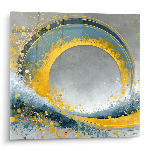 Tableau Cercle doré aux vagues bleu ardoise - Tourbillon suspendu - Edition géometrique abstrait