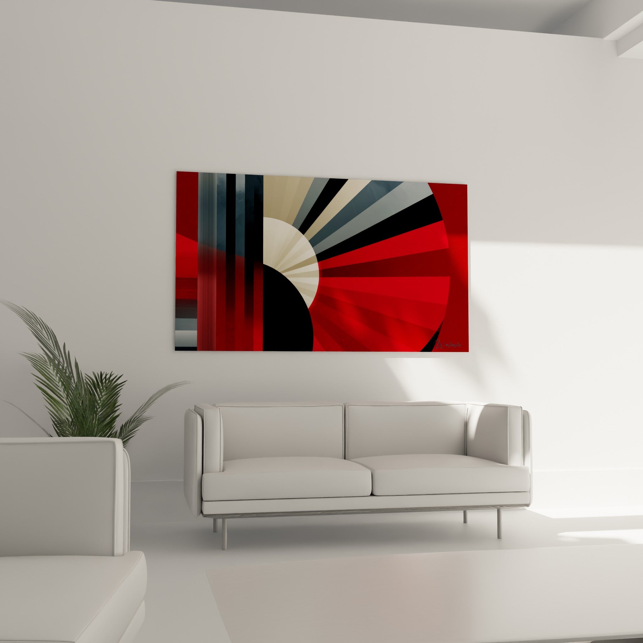 Formes en éventail rouge profond et noir du géometrique abstrait, au-dessus d'un canapé dans un salon lumineux