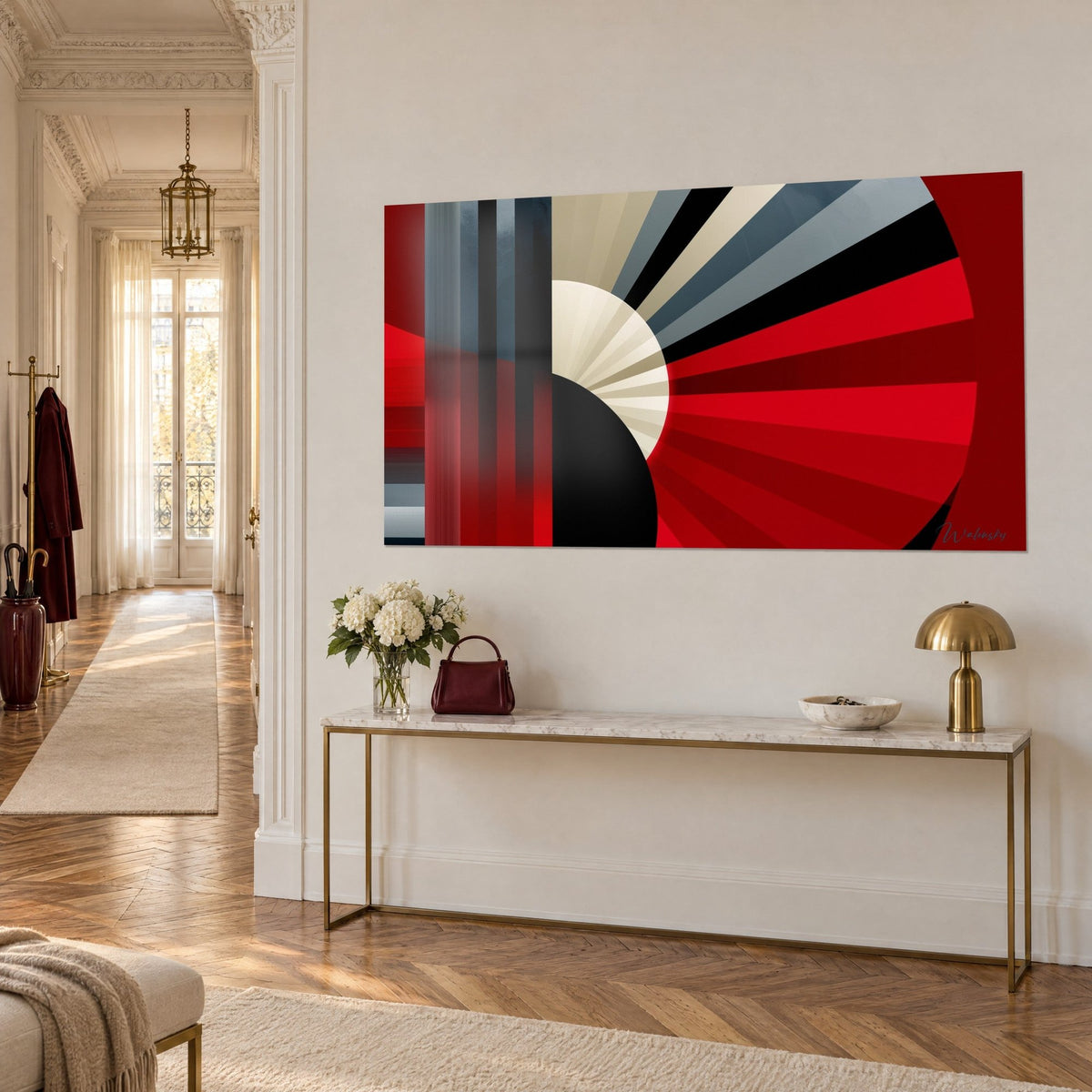 Tableau composition abstraite en rayons carmin, gris ardoise et beige, bandes verticales noires, vue de trois-quarts, mur haussmannien