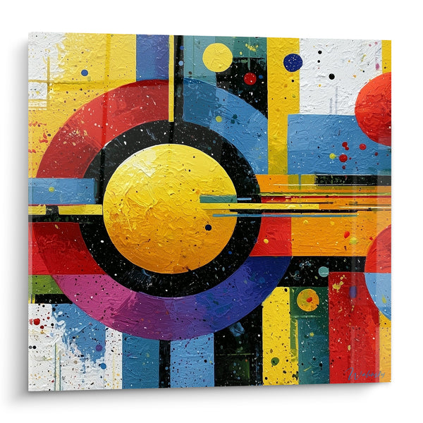 Tableau Cercle jaune et rouge éclaboussé de noir - Rouage solaire - Edition géometrique abstrait