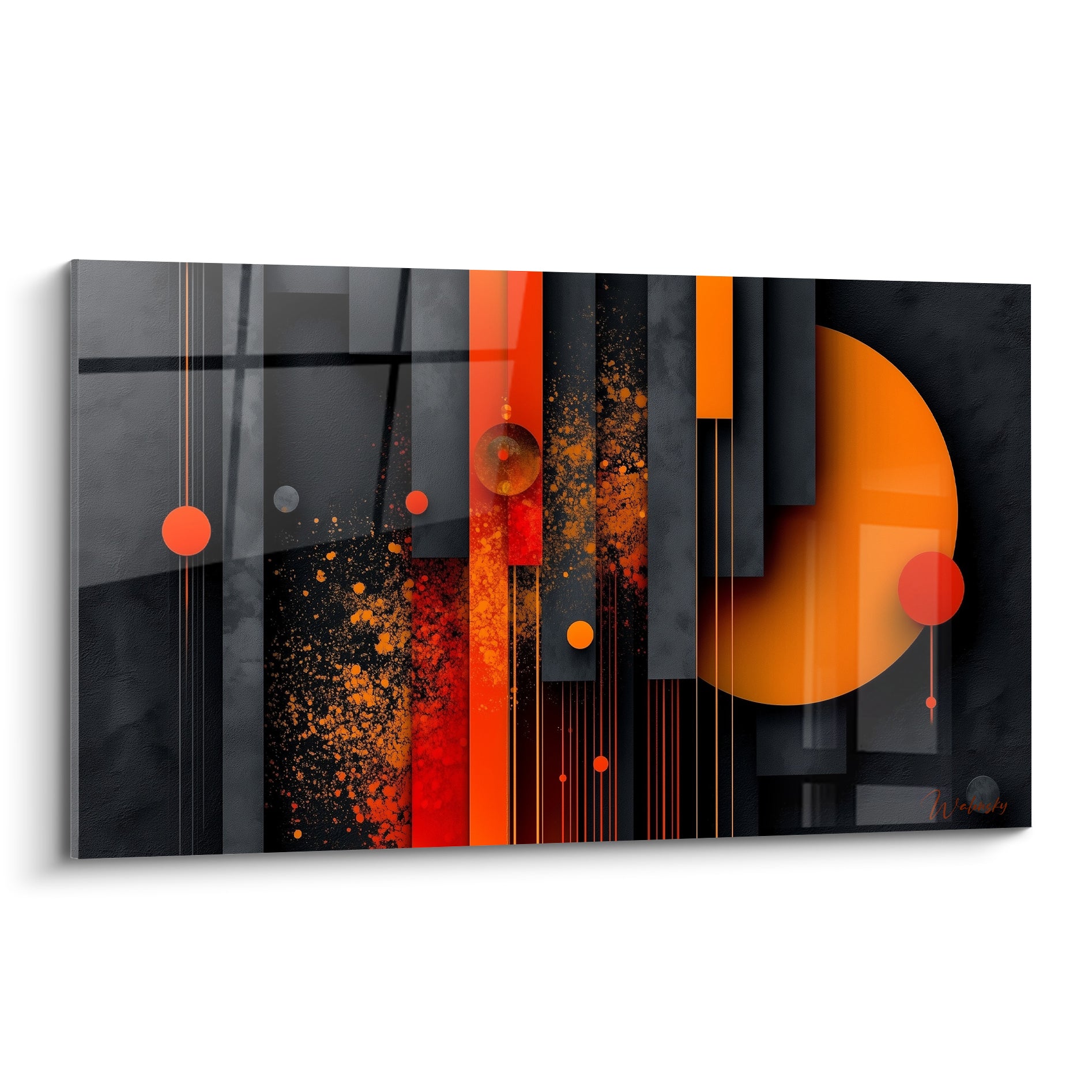 Cercle solaire orange vif traversant des bandes anthracite dans ce tableau géometrique abstrait