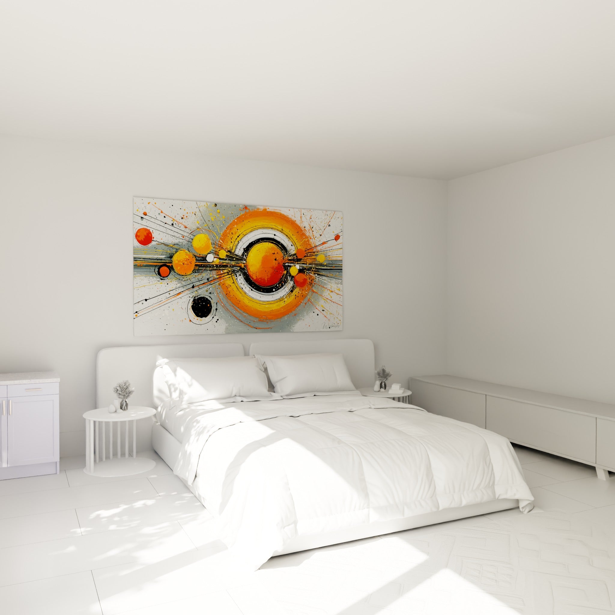 Cercles orange et noir en explosion orbitale, tableau accroché au-dessus d'un lit dans une chambre claire