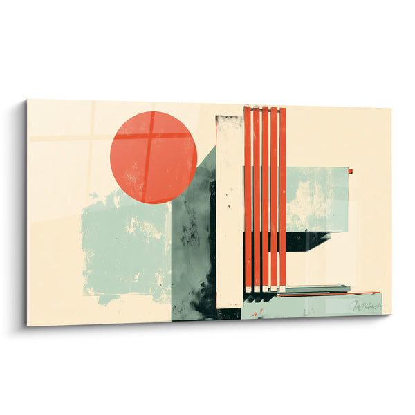 Tableau Cercle rouge et bandes vert d'eau - Équilibre suspendu - Edition géometrique abstrait