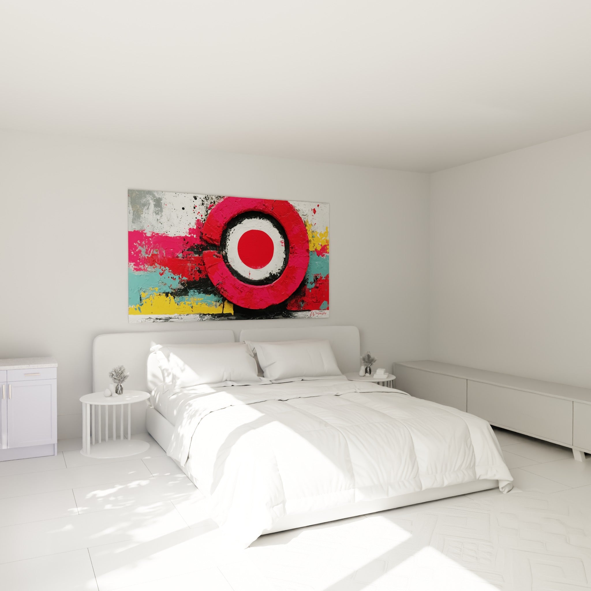 Cercle rouge vif de ce tableau géometrique abstrait accroché au-dessus d'un lit dans une chambre claire