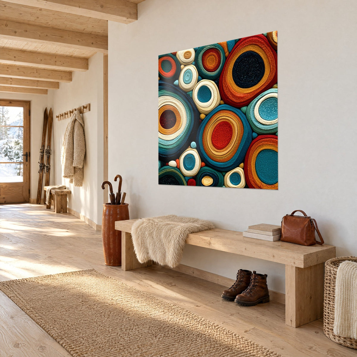 Quadro ciottoli di fili sovrapposti arancio e turchese, centro nero scintillante, visto di tre quarti sopra una panca in legno