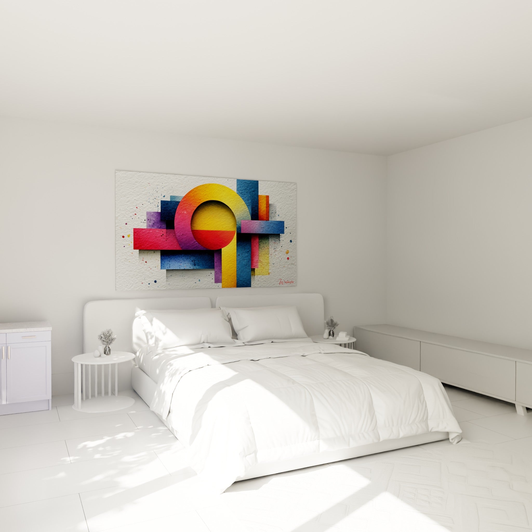 Formes géométriques dorées et bleu marine du tableau géométrique abstrait au-dessus d'un lit dans une chambre claire