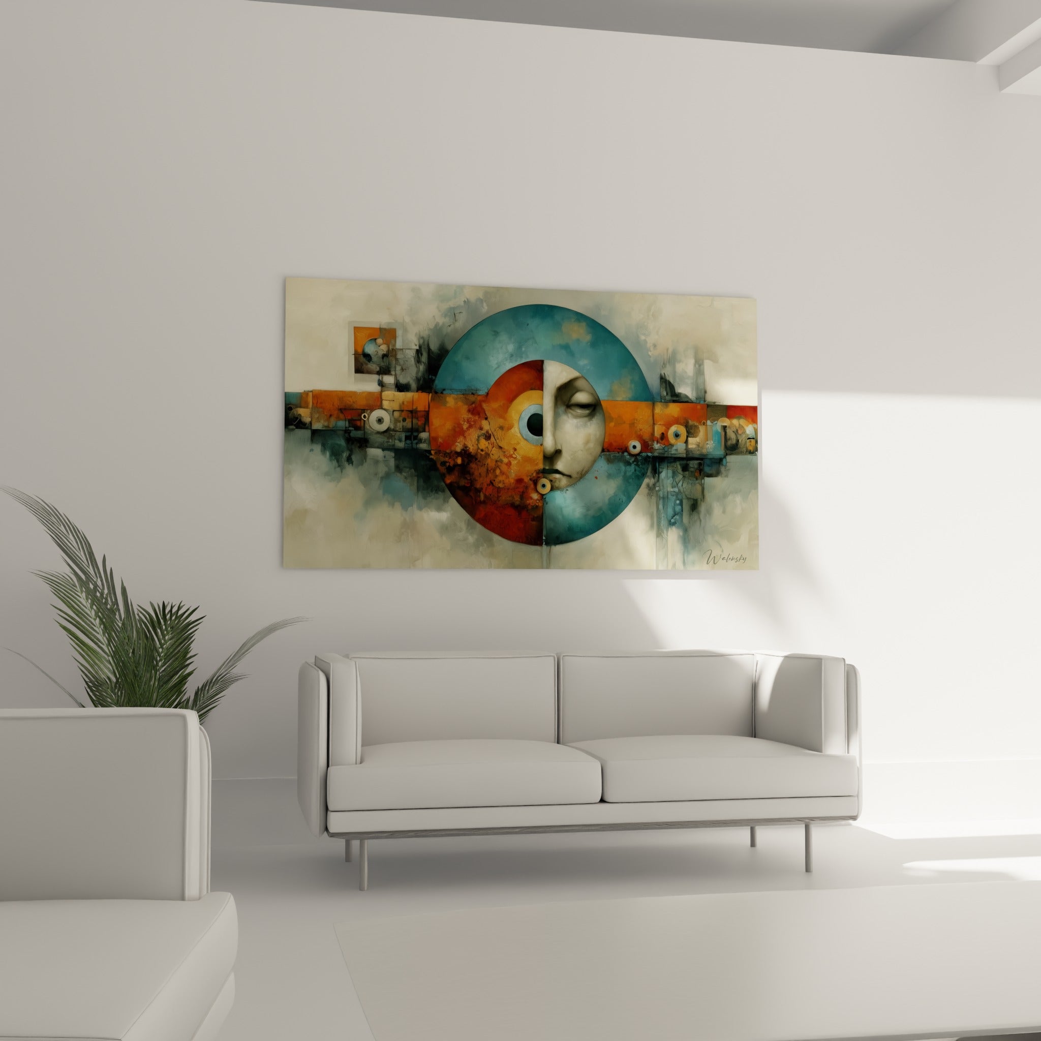 Sphère divisée bleu pétrole et ocre abritant un profil humain, au-dessus d'un canapé dans un salon lumineux