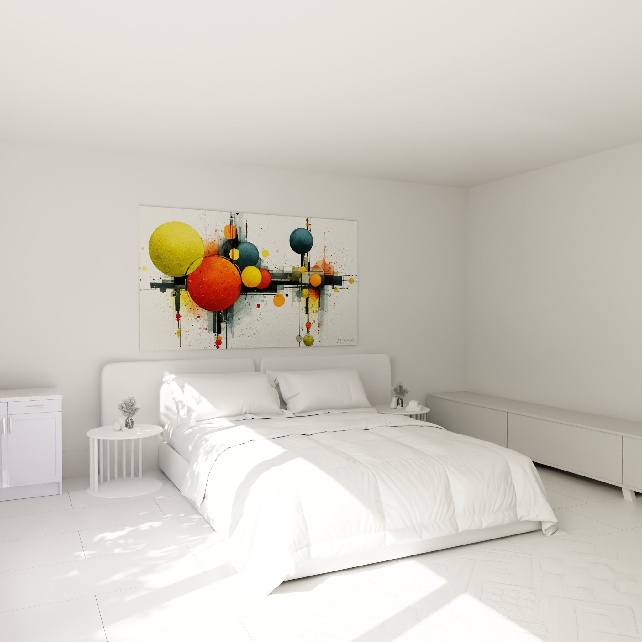 Cercles orange et jaune flottant parmi des éclaboussures grises, au-dessus d'un lit dans une chambre claire