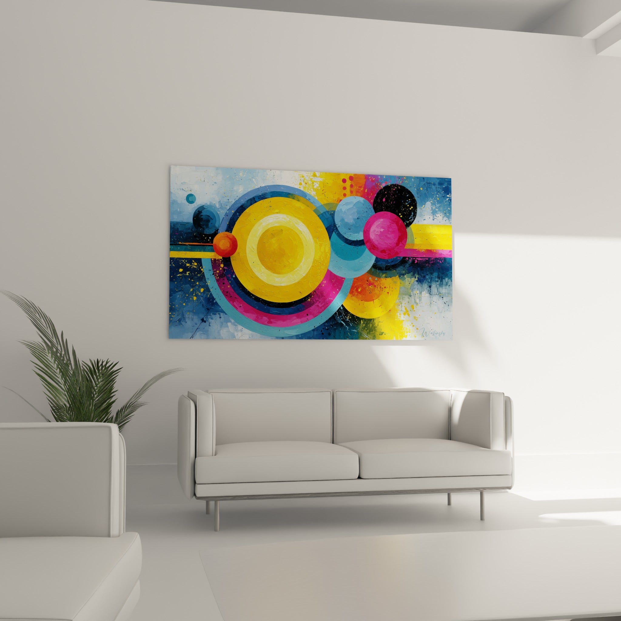 Composition circulaire dorée et anthracite du tableau géometrique abstrait au-dessus d'un canapé dans un salon lumineux