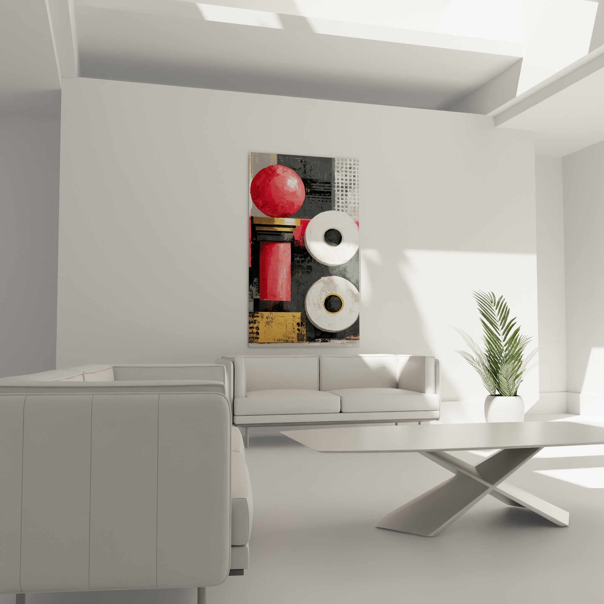Cercles blancs et bloc doré de ce tableau géométrique abstrait au-dessus d'un canapé dans un salon lumineux
