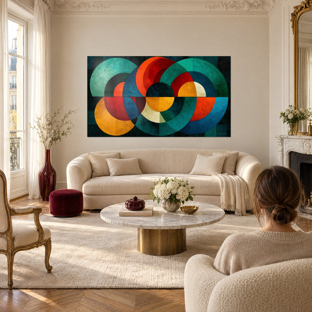 Wall art with interlocking ochre, red and teal circles on a black background, two people seen from behind, above a sofa in a bright living room
