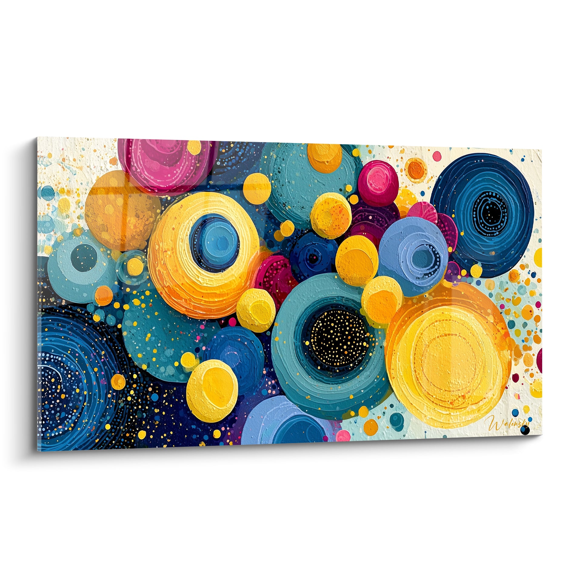 Cercles concentriques bleu marine et jaune doré composant un tableau géométrique abstrait vibrant