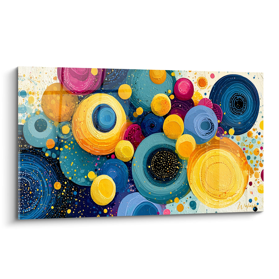 Tableau Cercles concentriques bleu marine et jaune doré - Danse des sphères - Edition géometrique abstrait