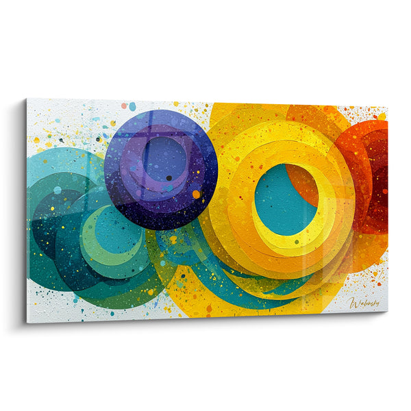 Tableau Cercles imbriqués bleu marine et jaune moutarde - Collision cosmique - Edition géometrique abstrait