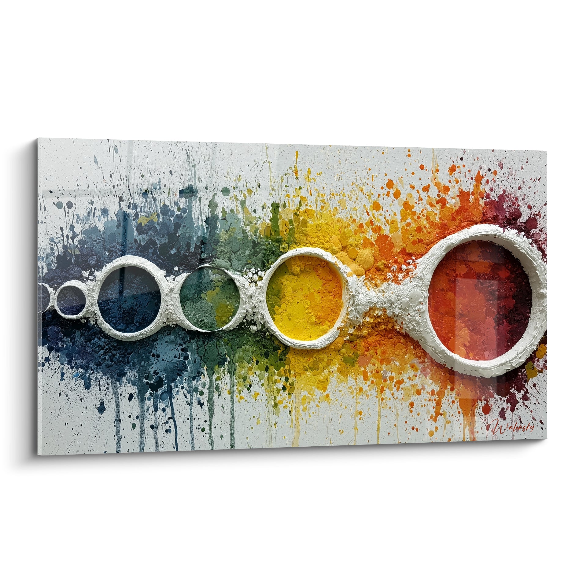 Cercles éclaboussés bleu marine et rouge fauve, tableau géometrique abstrait aux pigments texturés