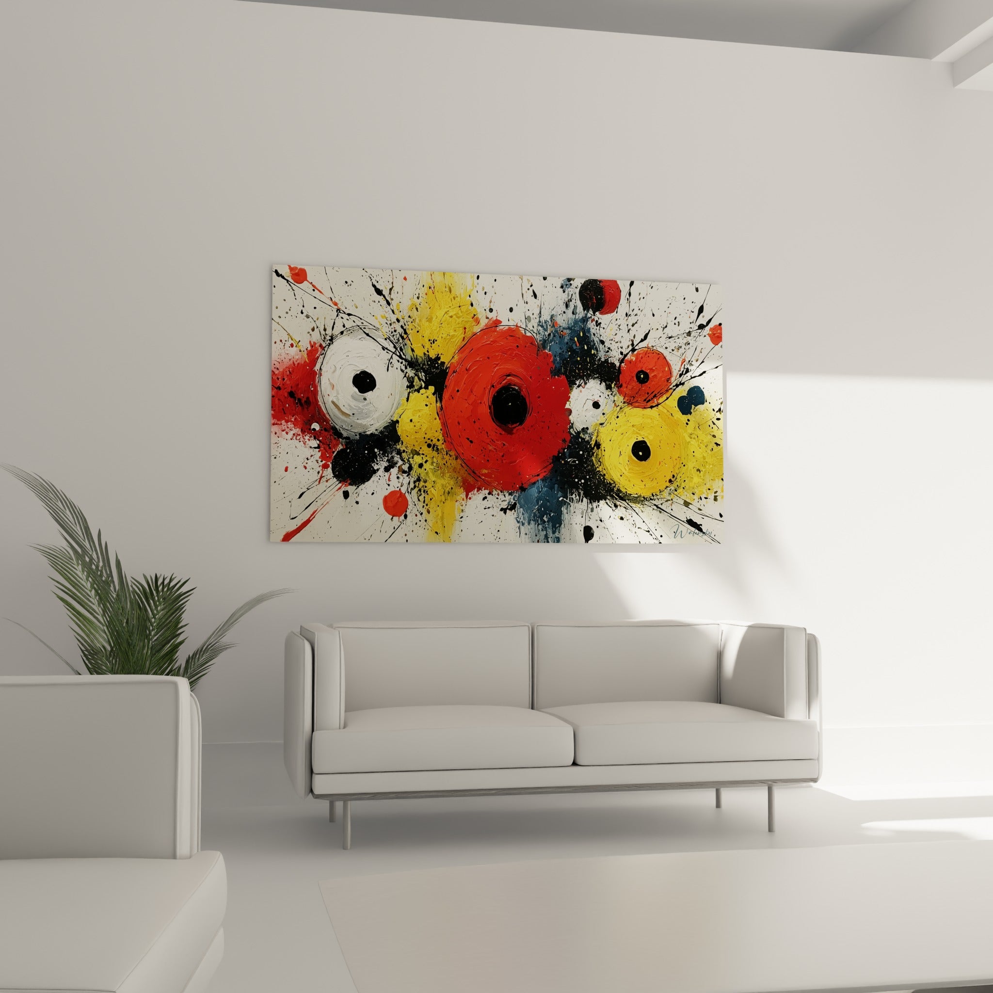 Formes circulaires rouge, jaune et bleu marine de ce tableau géometrique abstrait au-dessus d'un canapé dans un salon lumineux