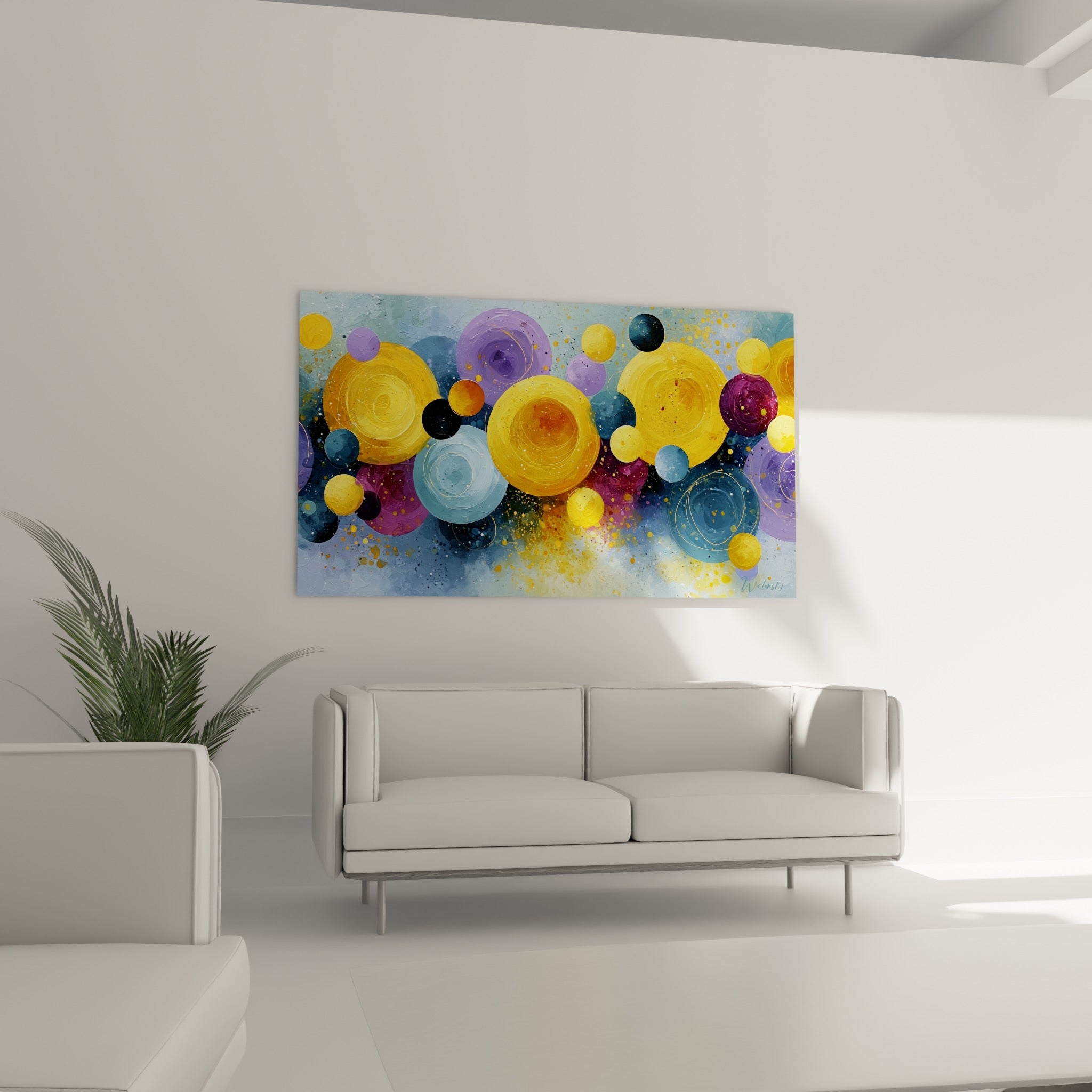 Cercles jaune ocre et bleu ciel formant une œuvre géométrique abstraite au-dessus d'un canapé dans un salon lumineux
