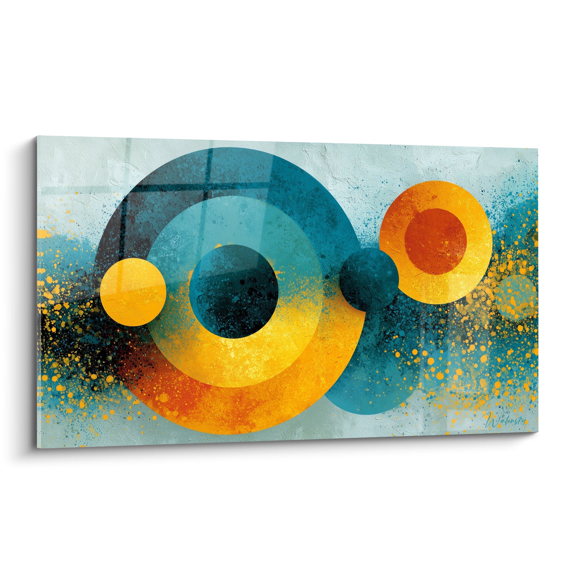 Cercles concentriques bleu sarcelle et ocre éclaboussés sur fond gris texturé abstrait