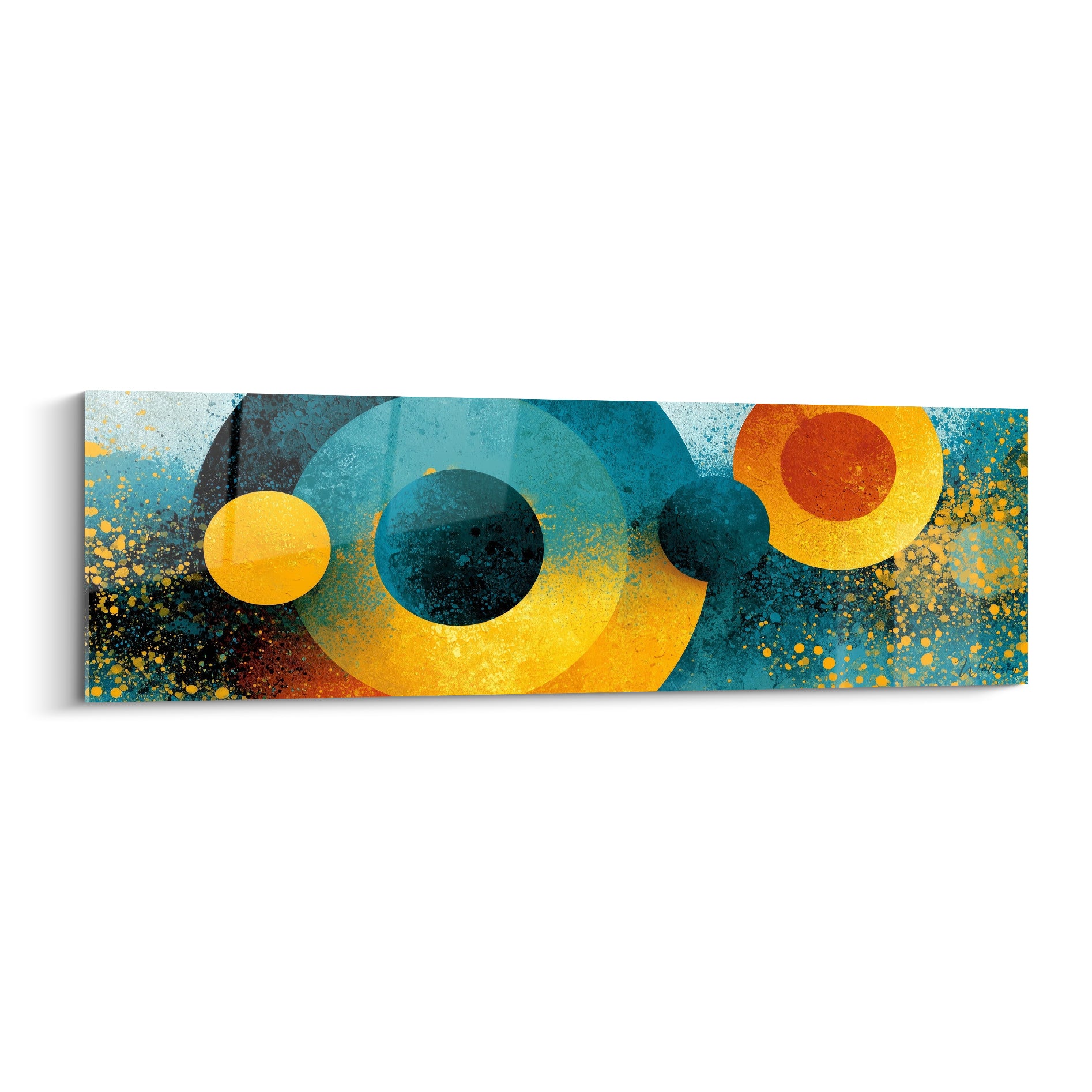 Cercles concentriques bleu sarcelle et doré sur fond texturé, tableau géométrique abstrait éclatant