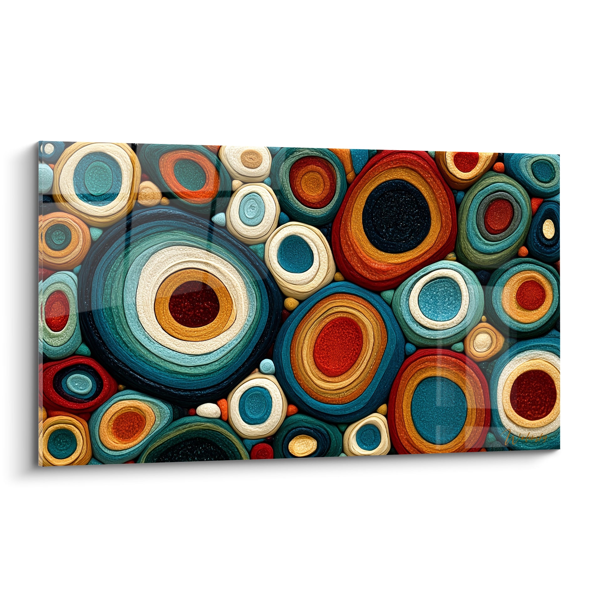 Cercles concentriques bleu sarcelle et terracotta en composition géométrique abstraite dense