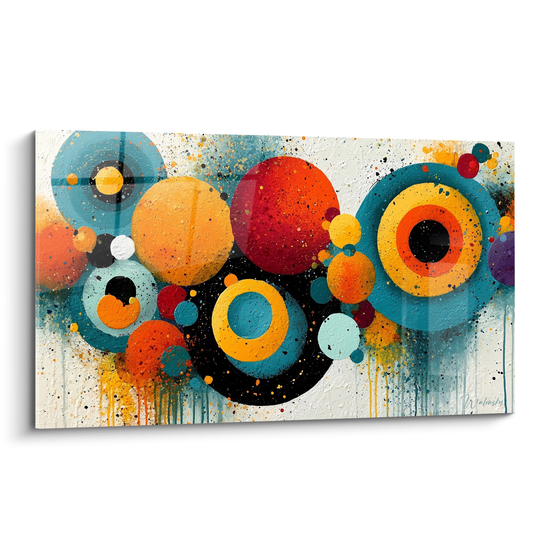 Cercles géométriques abstraits bleu sarcelle et orange fauve avec éclaboussures noires et dorées
