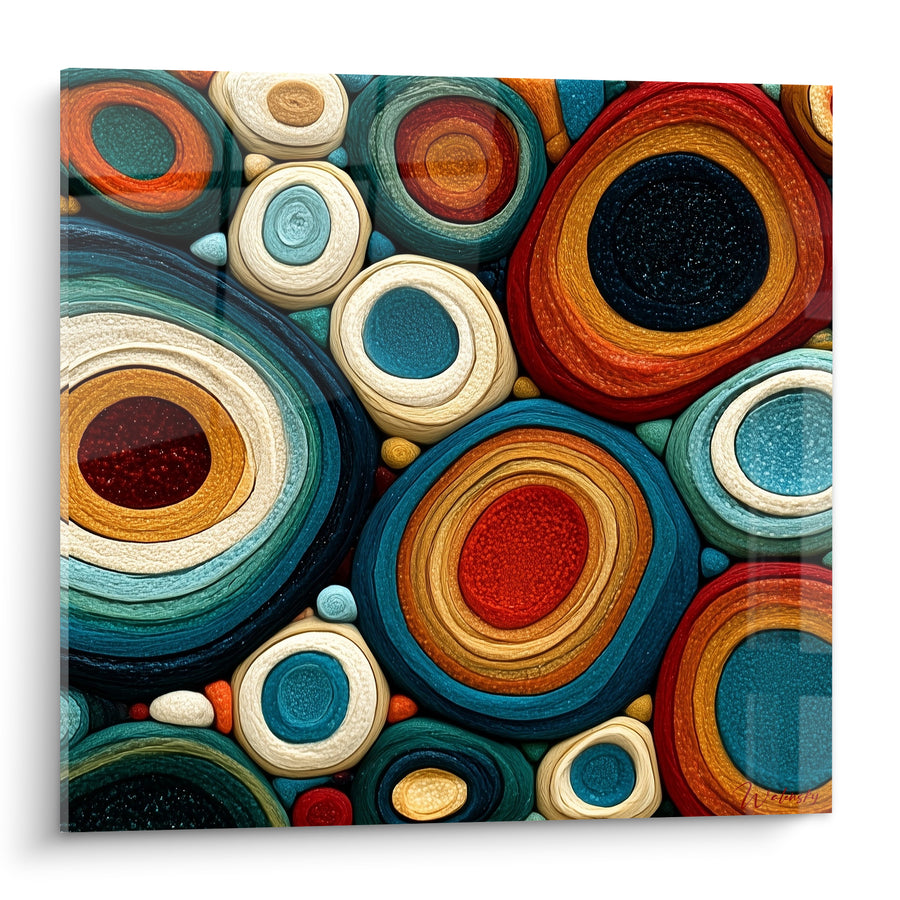 Tableau Cercles concentriques bleu pétrole et terracotta - Mosaïque minérale - Edition géometrique abstrait