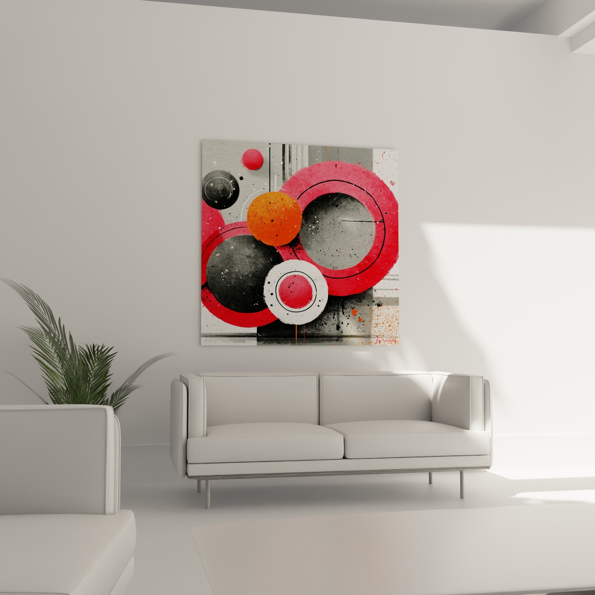 Composition circulaire orange et anthracite de ce tableau géométrique abstrait au-dessus d'un canapé dans un salon lumineux