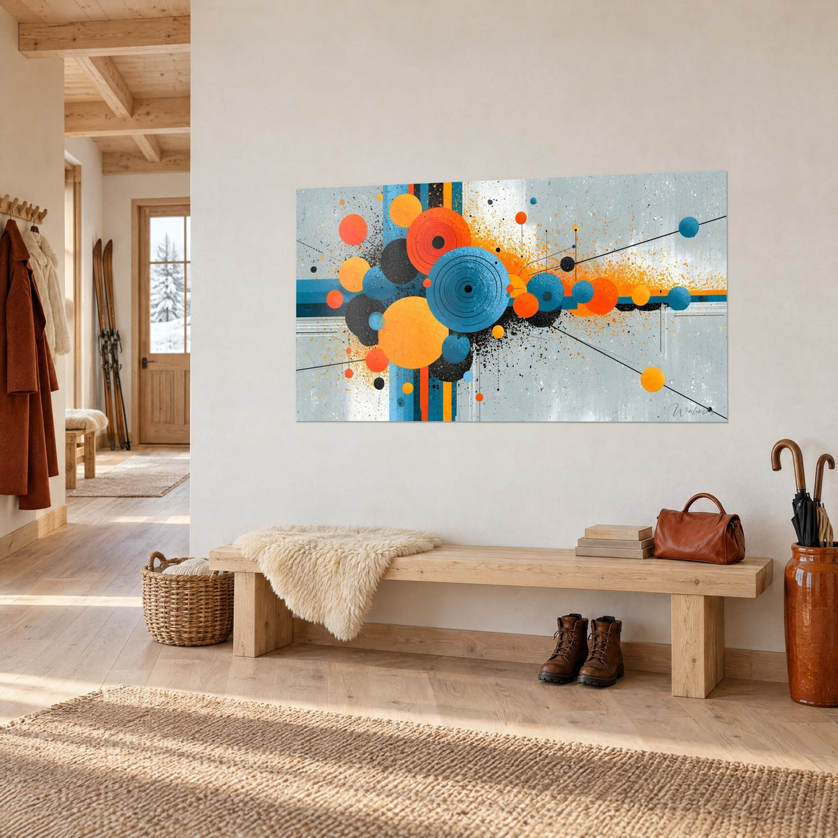 Wall art of a geometric composition of saffron and turquoise discs, black splashes on grey background, above a chalet-style entryway bench
