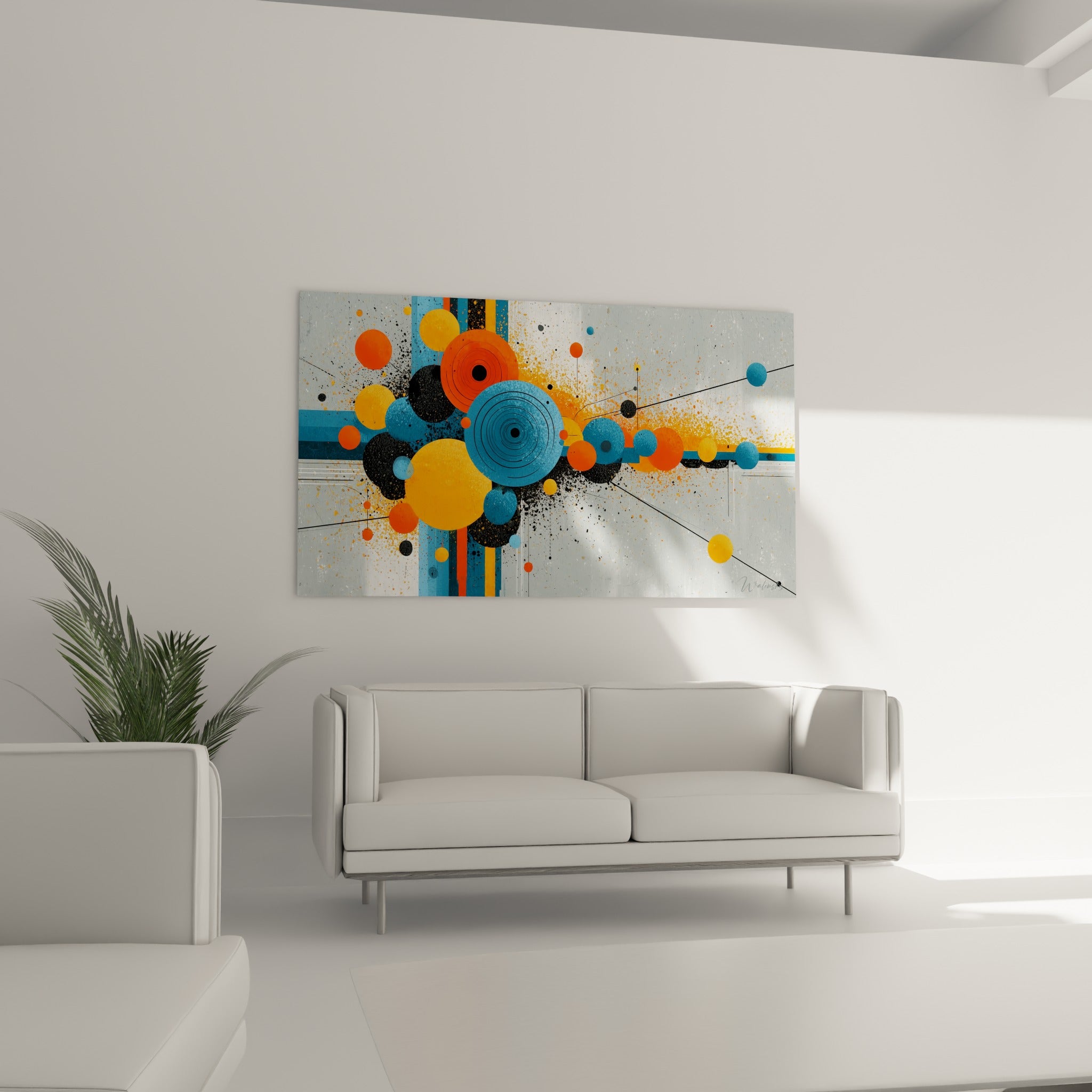 Composition de cercles bleu marine et orange dynamiques, tableau géométrique abstrait au-dessus d'un canapé dans un salon lumineux