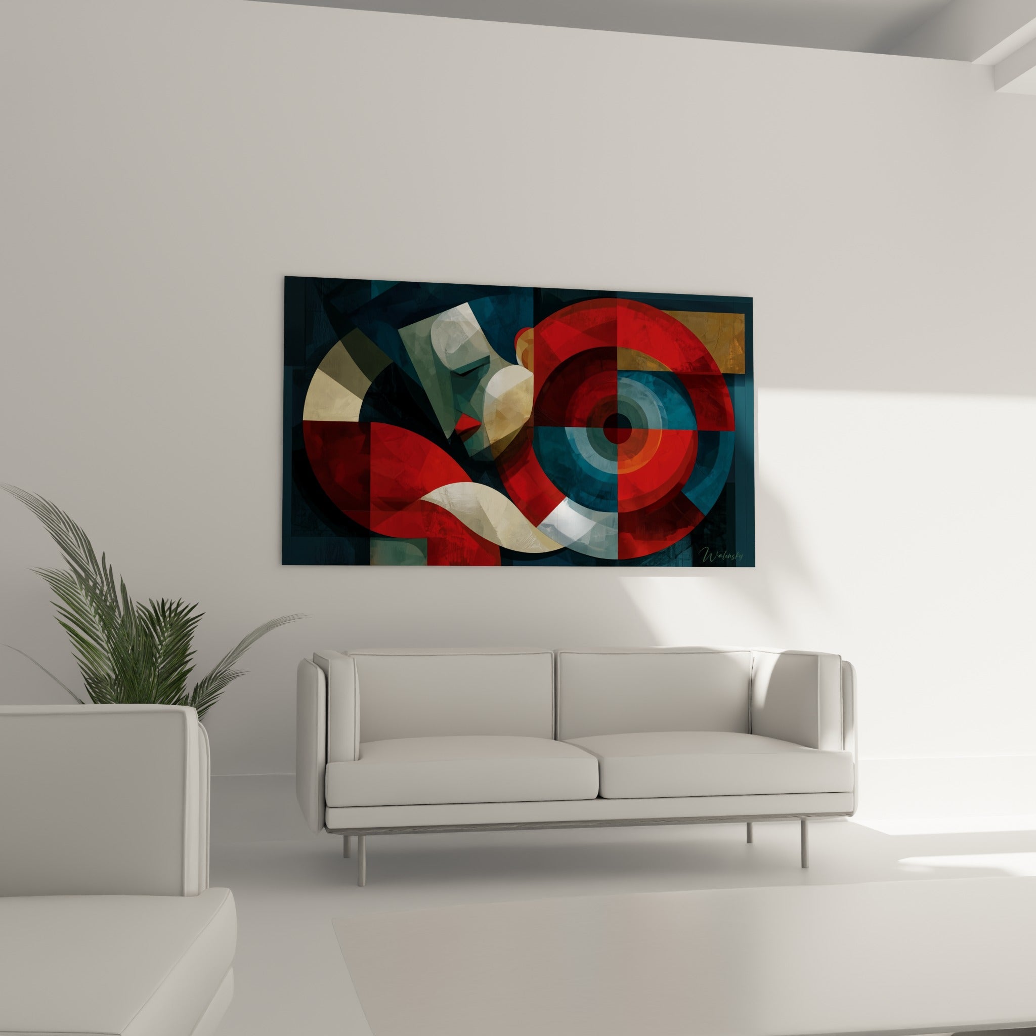 Cercles concentriques bleu marine et rouge du tableau géométrique abstrait au-dessus d'un canapé dans un salon lumineux