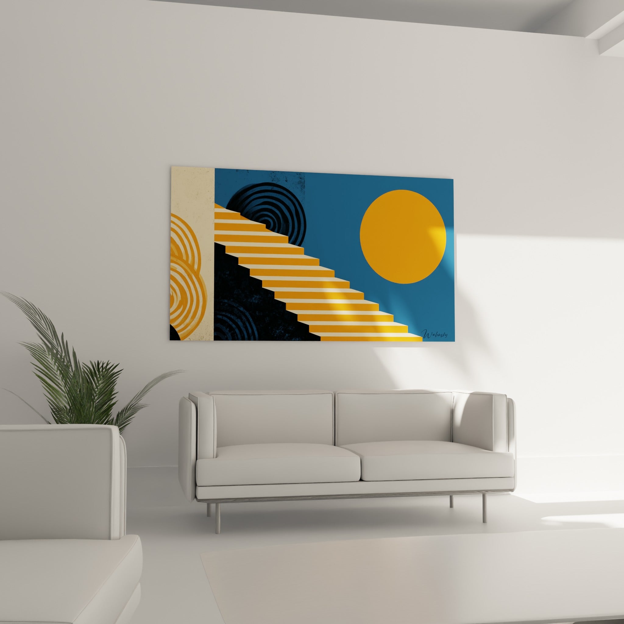 Composition graphique orange et bleu marine avec cercles concentriques, au-dessus d'un canapé dans un salon lumineux