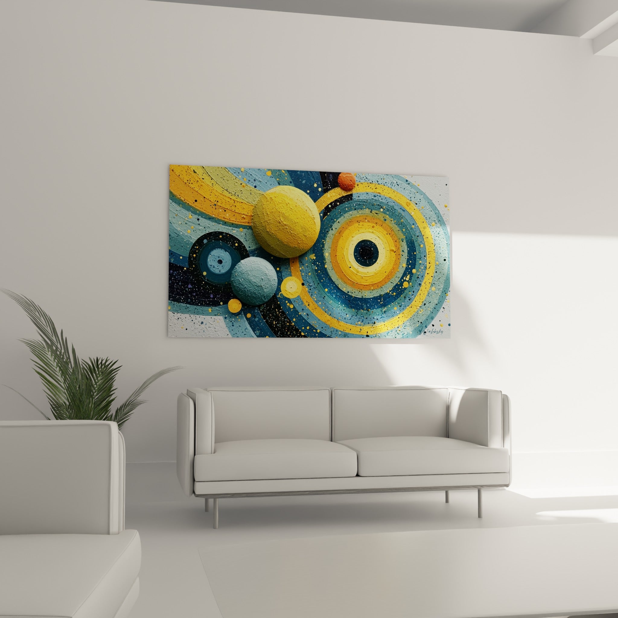 Cercles concentriques jaune ocre et bleu ciel de ce tableau géométrique abstrait au-dessus d'un canapé dans un salon lumineux