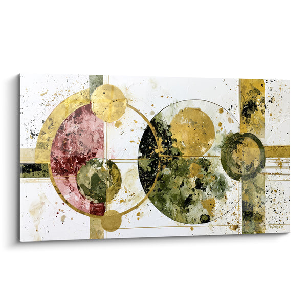 Tableau Cercles dorés aux éclats bordeaux et vert olive - Éclipse céleste - Edition géometrique abstrait