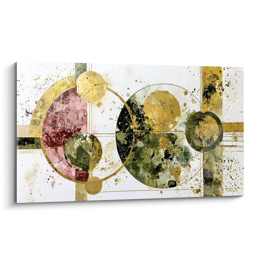 Tableau Cercles dorés aux éclats bordeaux et vert olive - Éclipse céleste - Edition géometrique abstrait