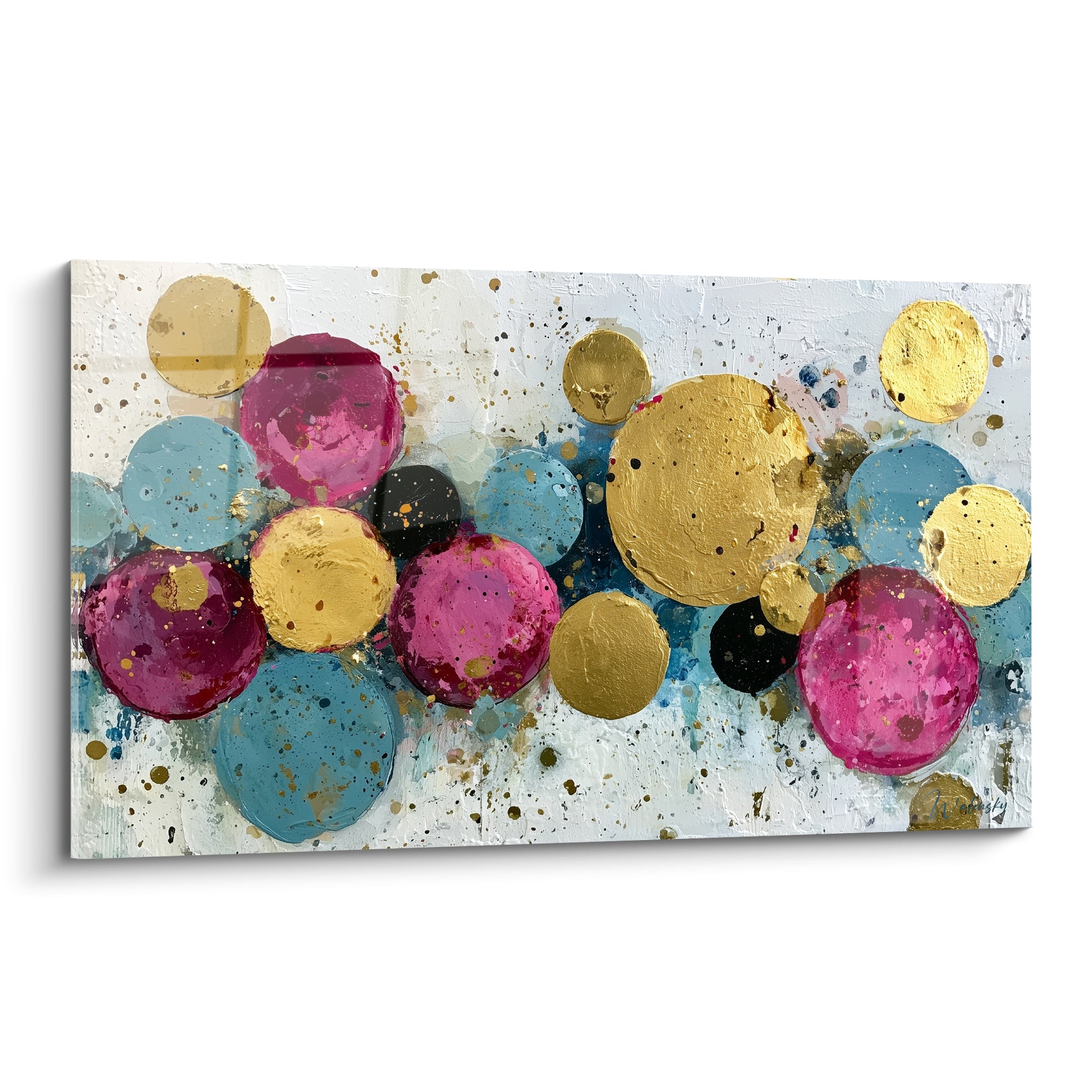 Cercles dorés, magenta et bleu sarcelle en relief sur fond blanc éclaboussé, tableau géometrique abstrait
