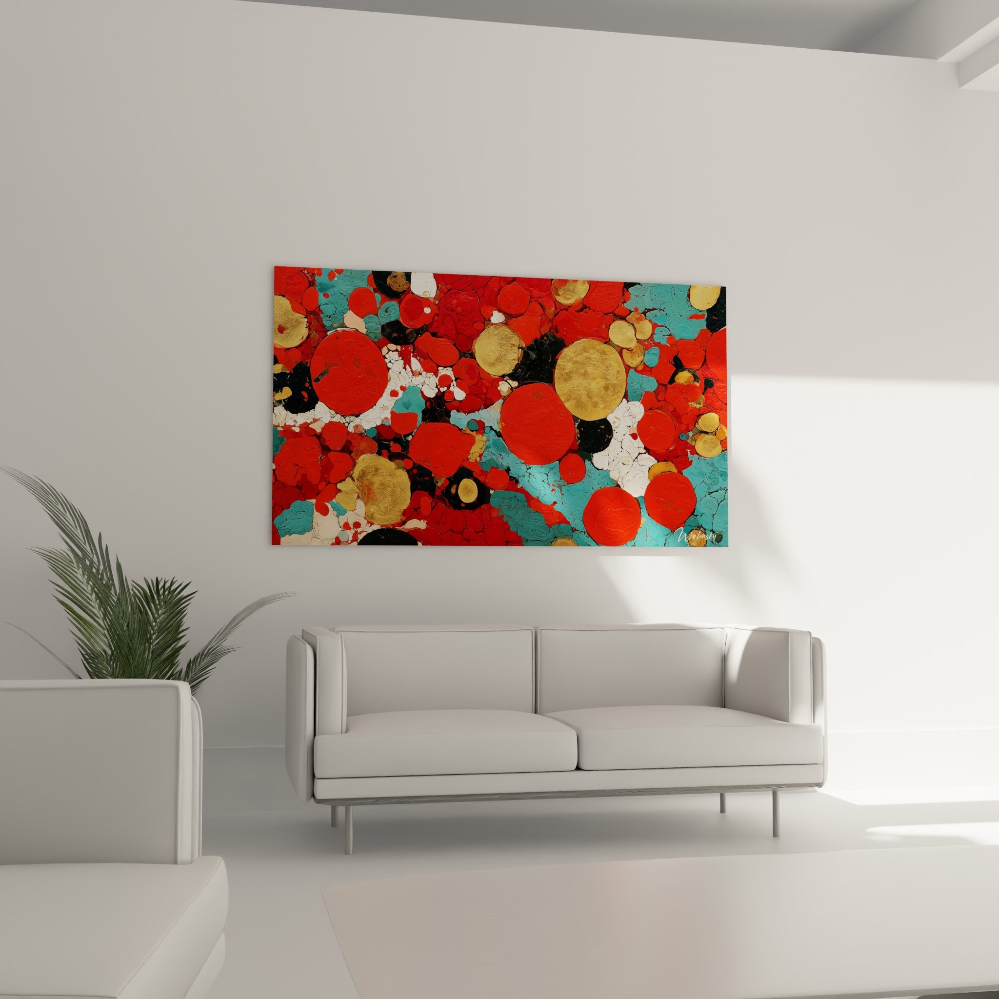 Cercles turquoise et rouge vermillon d'un tableau géometrique abstrait au-dessus d'un canapé dans un salon lumineux