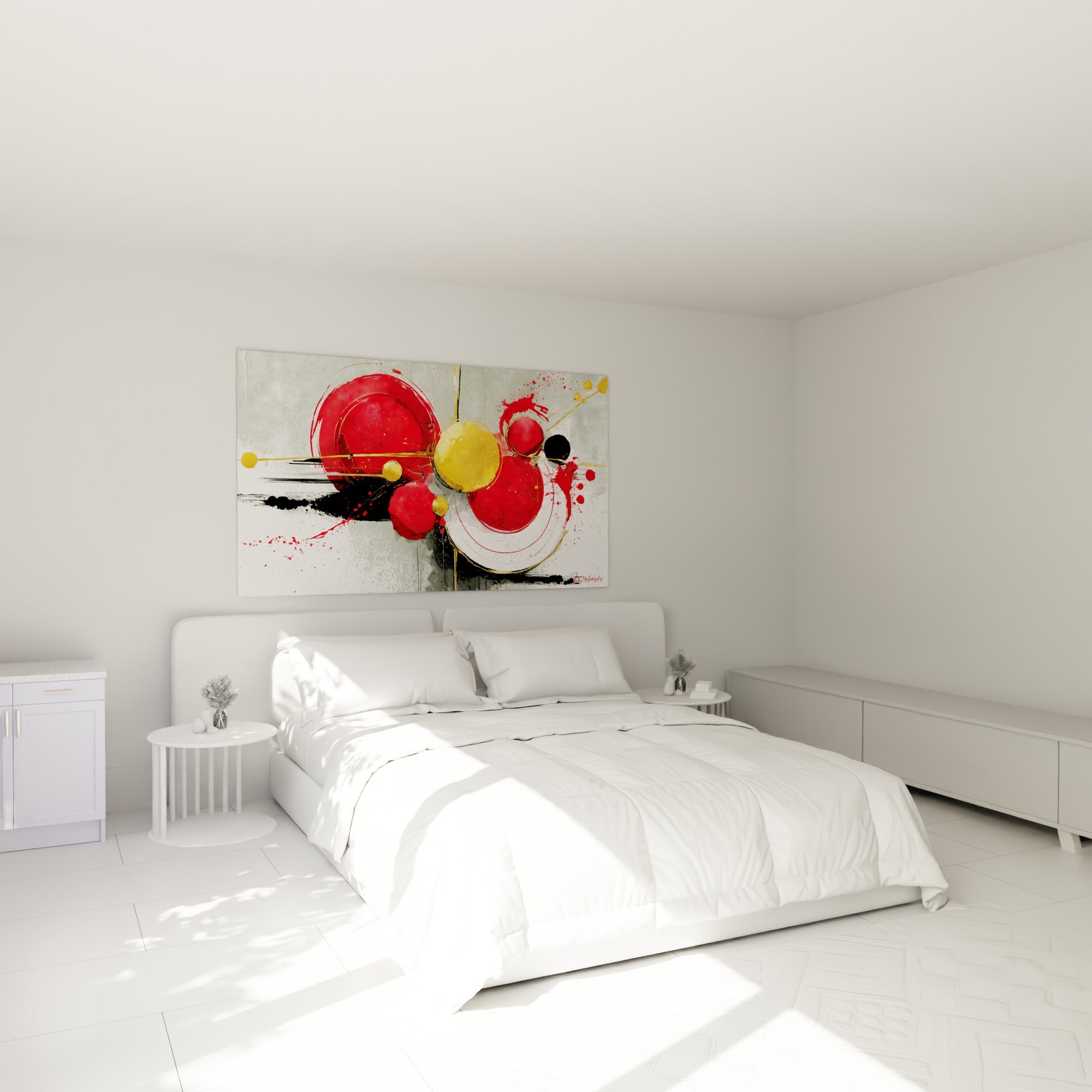 Cercles rouges et dorés éclaboussés au-dessus d'un lit dans une chambre claire