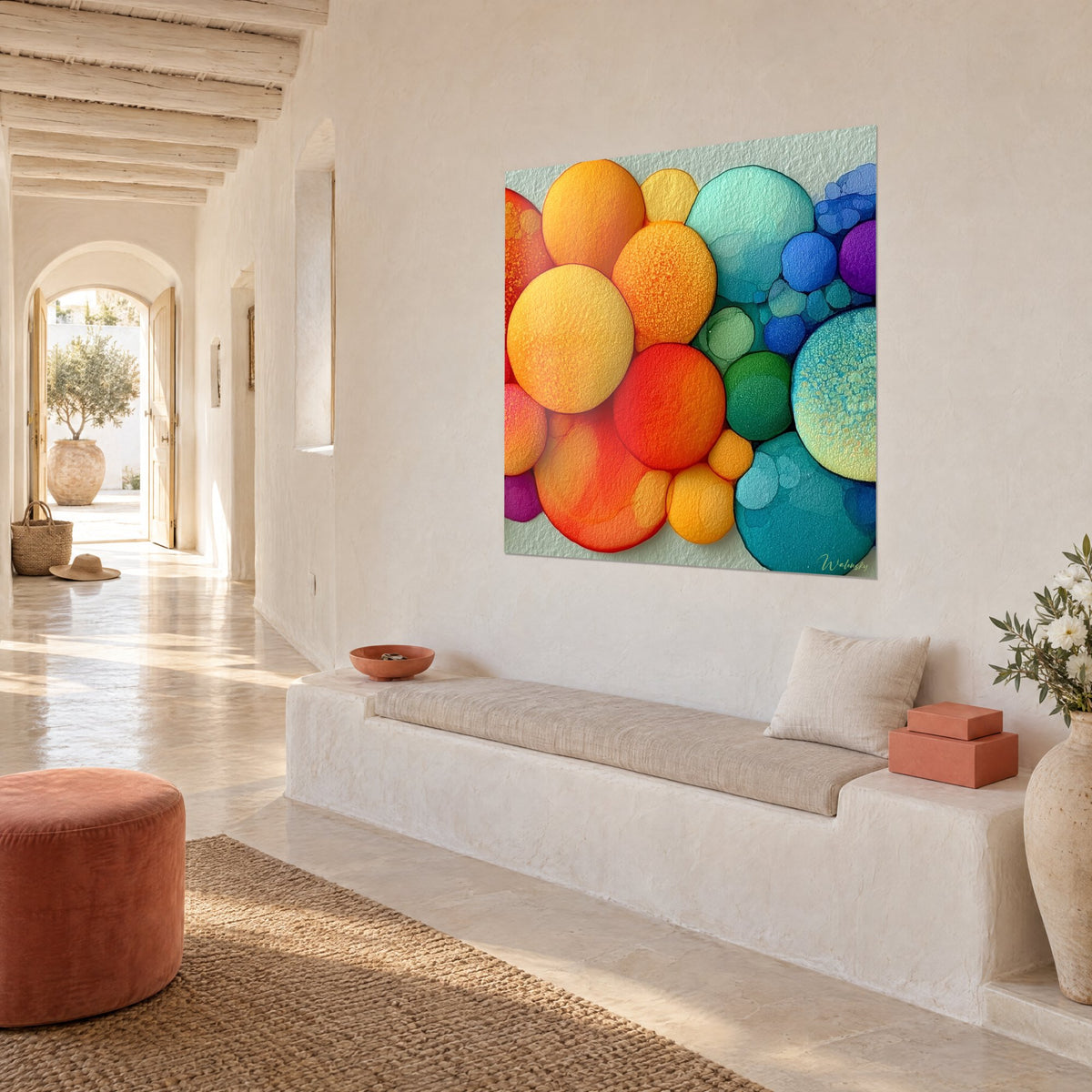 Schilderij met abstracte schijven in koraalrood en kobaltblauw met korrelig oppervlak, driekwart zicht, witte muur van een Middellandse-Zeehuis