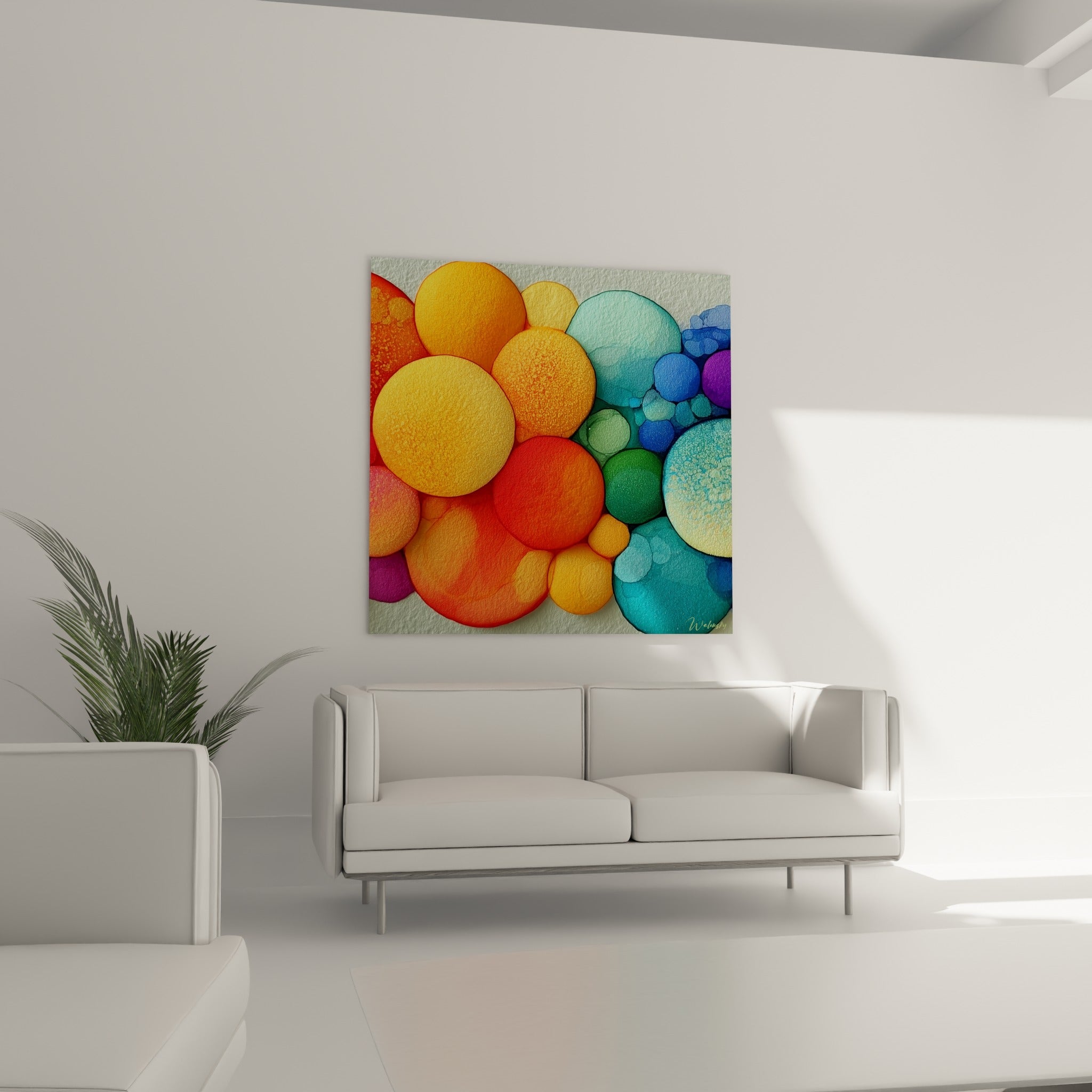 Cercles rouges, jaunes et émeraude à l'effet aquarelle placés au-dessus d'un canapé dans un salon lumineux