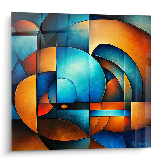 Quadro geometrico astratto forme circolari intrecciate arancione blu arte murale moderna decorazione contemporanea